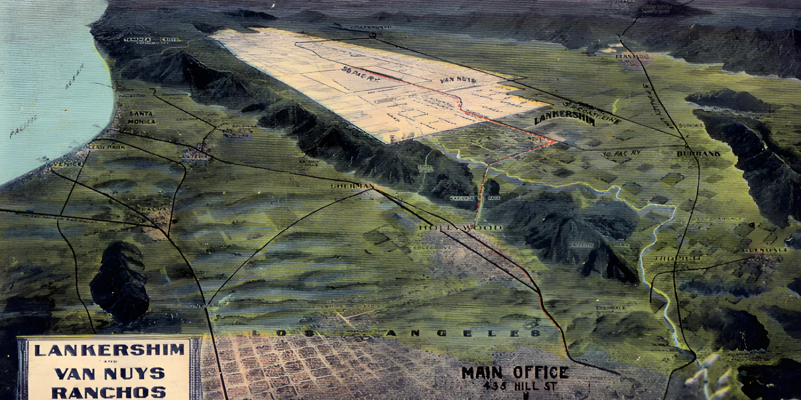 A painted bird's-eye postcard from about 1908: the San Fernando Valley seen from the Pacific over the Santa Monica Mountains, with the Lankershim and Van Nuys Ranchos laid out in pale squares.